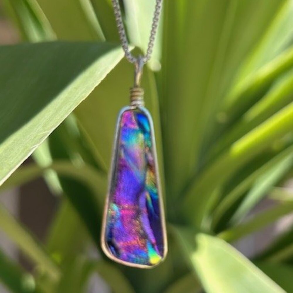925 Silver Dichroic Glass Rainbow Purple Pendant Necklace Earrings SET - Picture 2 of 6